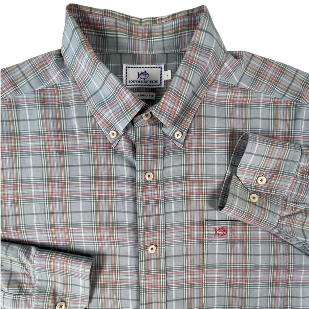 Southern Tide Shirt Mens L Blue Plaid Classic Fit Long Sleeve Button Down Logo